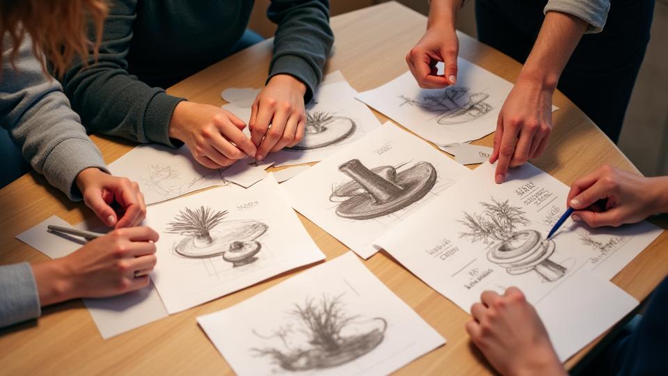 Photo de l'équipe fondatrice de Grain Bauhaus examinant des esquisses de designs en céramique