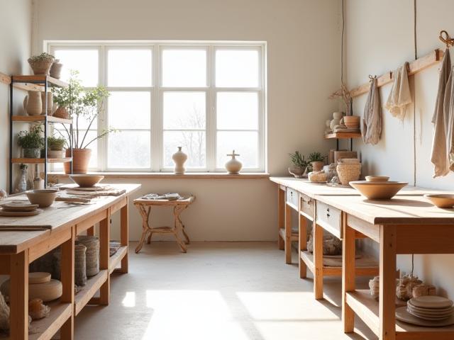 Intérieur lumineux de l'atelier Grain Bauhaus avec de l'argile et des outils